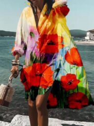 Women's Dresses Loose Lapel Printed Irregular Long Sleeve Shirt Dress - Image 4