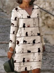 Women's Dresses V-Neck Retro Print Long Sleeve Casual Dress - Image 2