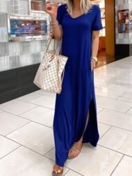 V-Neck Short Sleeve Casual Pocket Dress - Image 11