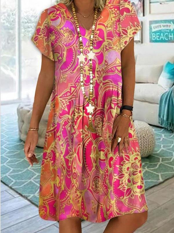 CC2176AD-3857-25C0-7A12-84205D1C69E0.jpg V-Neck Printed Short Sleeve Casual Dress - Image 1