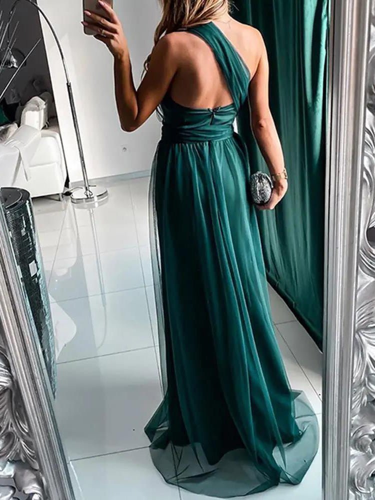 D244BE57-0A7F-20B5-5E79-E7BF7CE9D1E1.jpg Women's Dresses One-Shoulder Mesh Sleeveless Evening Dress - Image 1