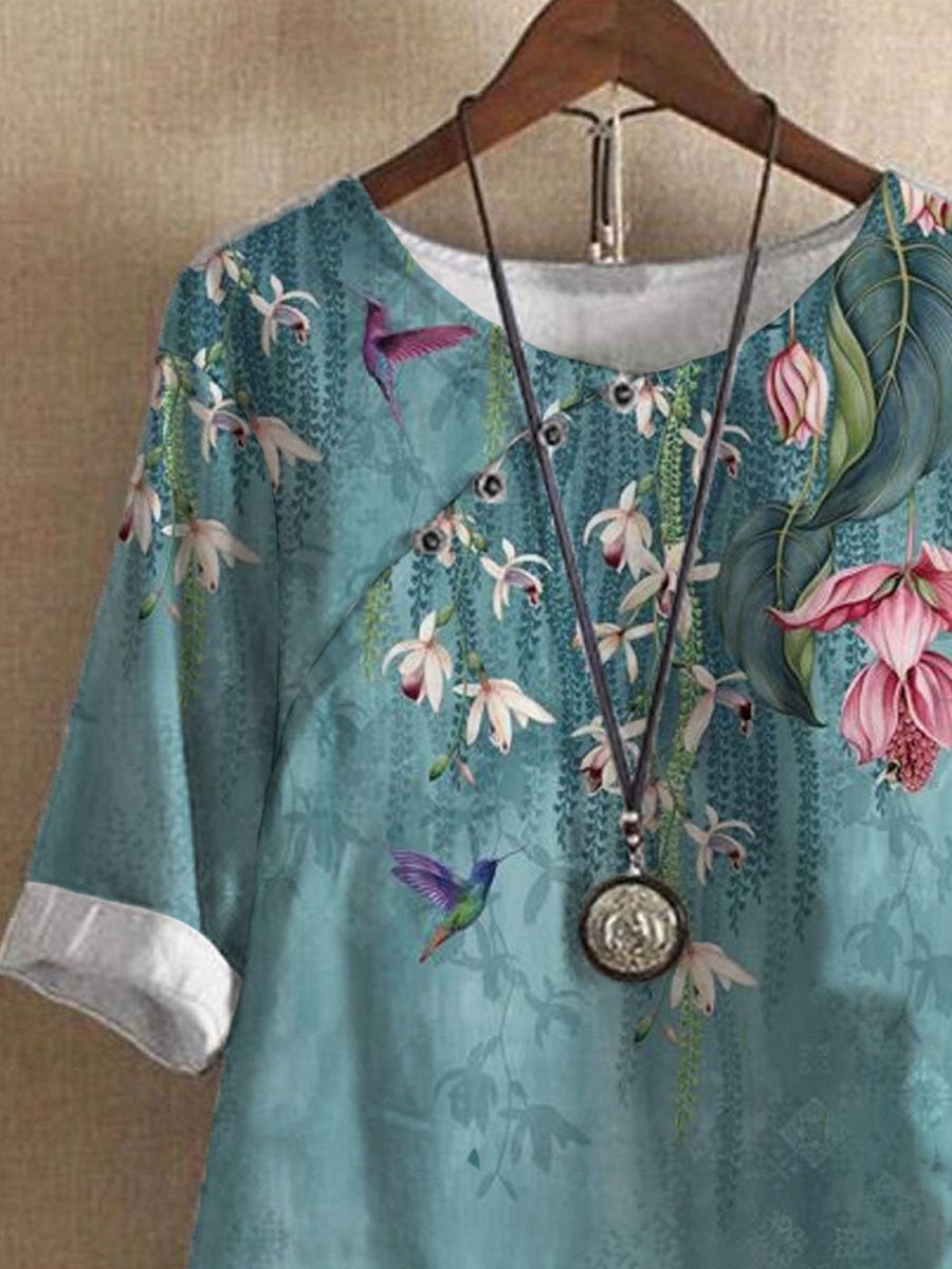 FA17F645-9869-76D3-0DBB-5B251DE2DB96.jpg Crew Neck Floral Print Short Sleeve Blouse - Image 1